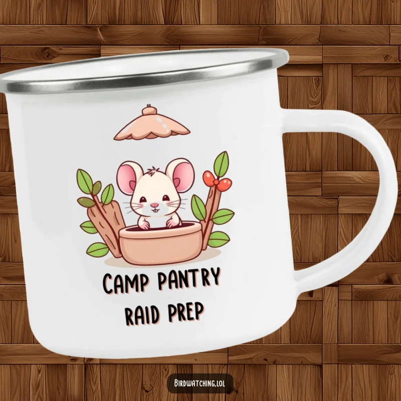 Funny Mouse Camping Mug: Silly mouse hiding behind a bird feeder, perfect for outdoor drinks. Hilarious.