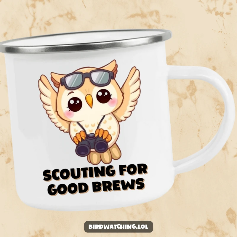 Funny Owl Birdwatcher Camping Mug: Joyful owl with binoculars, perfect for outdoor coffee, sturdy and funny.