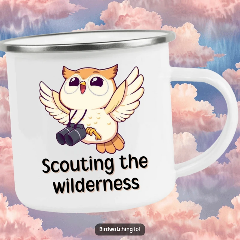 Funny owl camping mug, joyfully soaring with binoculars, celebrating outdoor adventures and bird watching.
