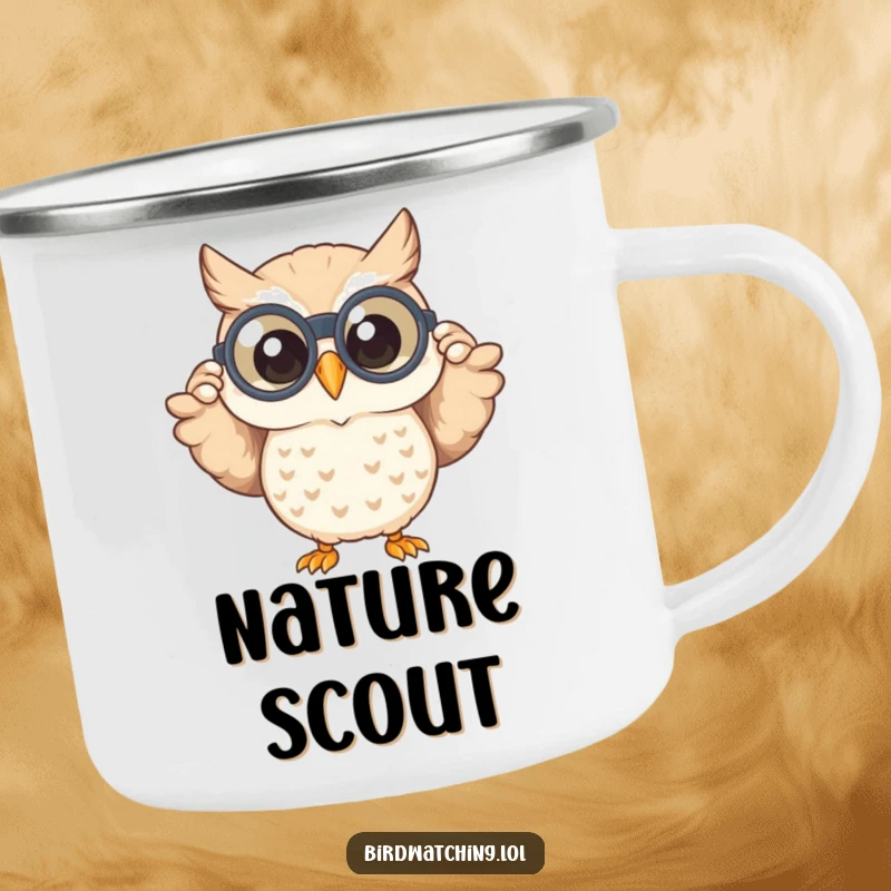 Funny camping mug with a happy owl peeking through binoculars with a wide smile, perfect for outdoor adventures and enjoying drinks with enthusiasm.