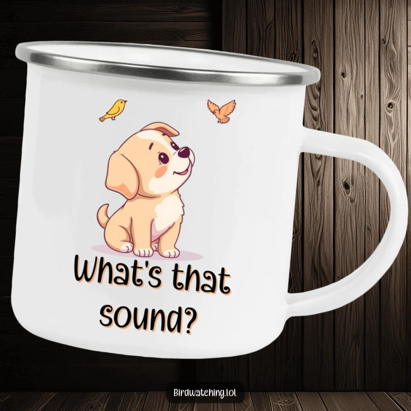 Funny camping mug featuring a playful puppy tilting its head with curiosity, observing the great outdoors.