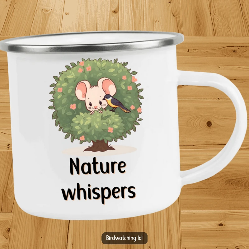 Funny shy mouse camping mug, observing a bird from cover, ready for outdoor trips and cute laughs.