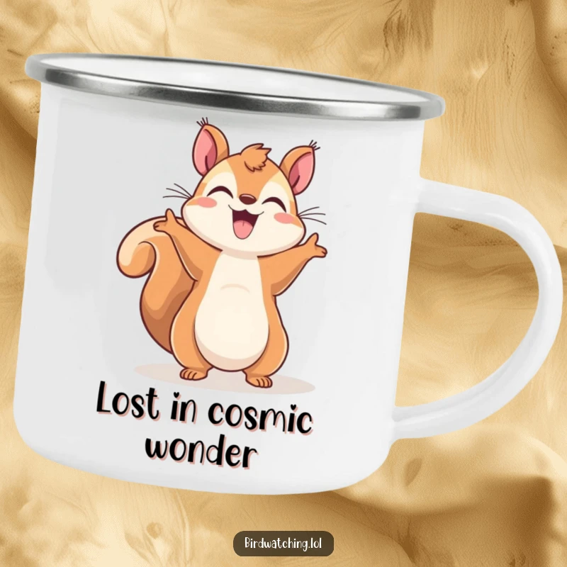 Funny Squirrel Sky-Gazer Camping Mug: Cheerful squirrel gesturing to the sky, perfect for outdoor drinks, sturdy and funny.