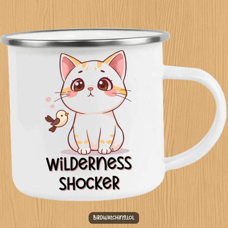 Funny surprised cat camping mug, enamel cup showing a cat gasping at a bird, durable for outdoor use.