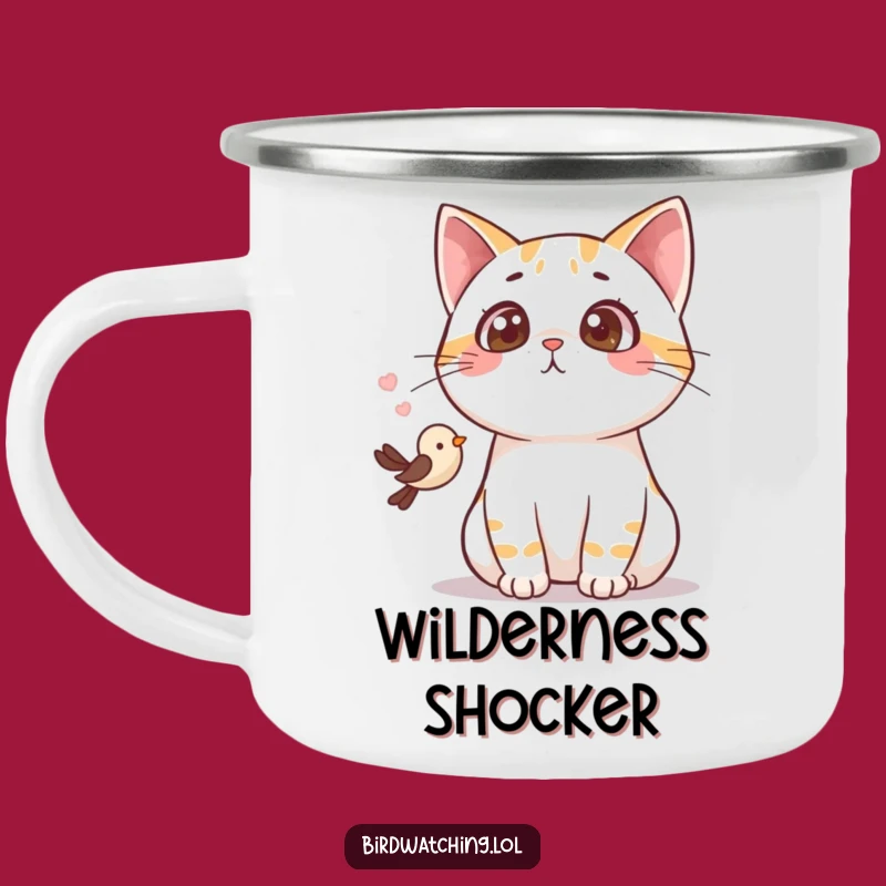 Funny Surprised Cat Camping Mug: Hilarious Gasping Feline Enamel Cup for Adventures