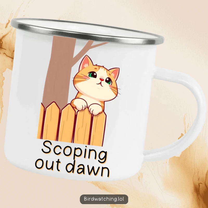 Funny camping mug with a surprised cat stretching its neck to look over a fence, ideal for outdoor trips and humorous moments.