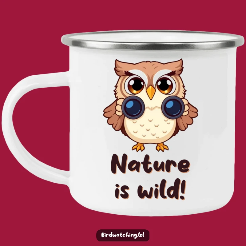Funny Surprised Owl Camping Mug: Binocular Bird Watching Adventure Cup