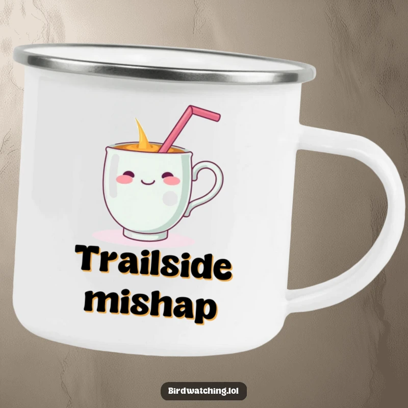 Funny enamel camping mug with a cheerful teacup dramatically spilling its drink while balancing a straw on its handle, perfect for outdoor humor.