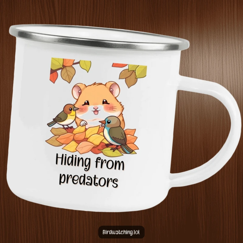 Funny camping mug featuring a giggling hamster peeking over leaves at a bird, perfect for sipping your drink outdoors with a smile.