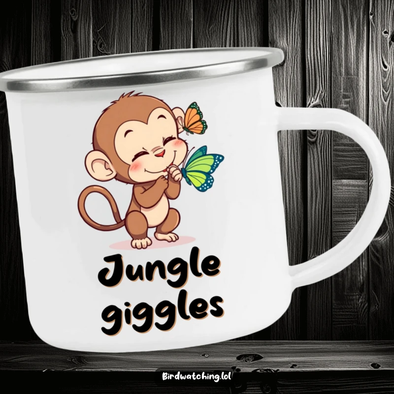 Funny monkey tickle camping mug, enamel cup showing a monkey trying to tickle a butterfly, ideal for outdoor use.