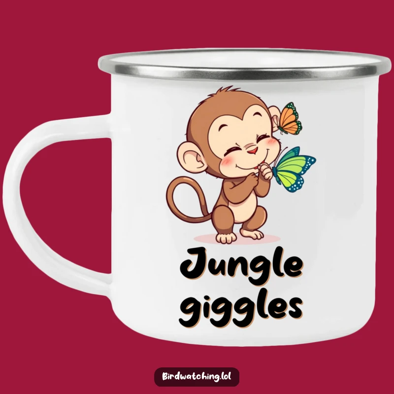 Funny Monkey Tickle Camping Mug: Primate Butterfly Enamel Cup for Adventures