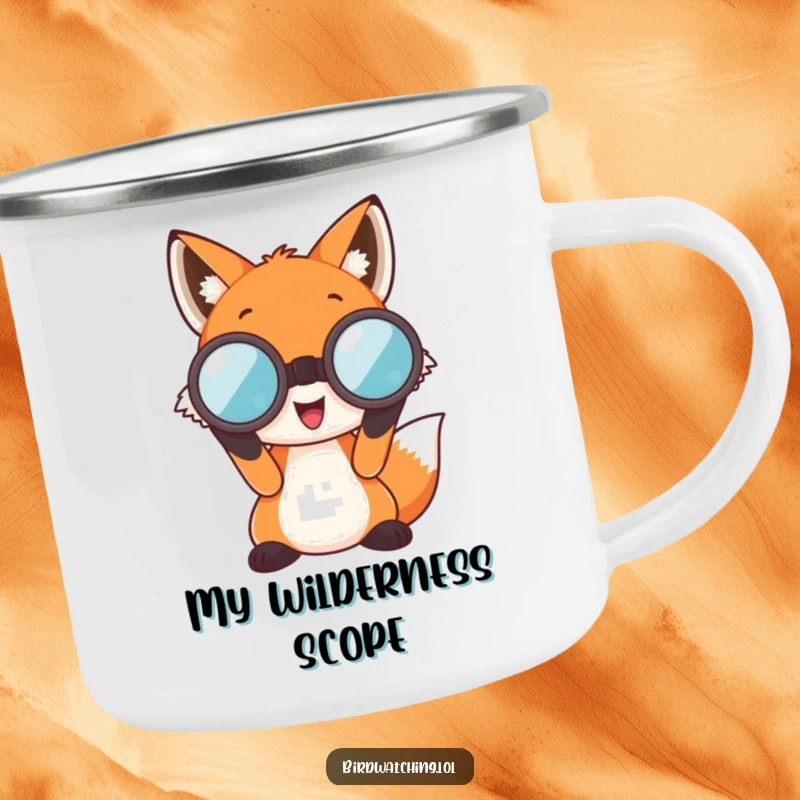 Funny Fox Camping Mug: A happy fox character peering through large binoculars, built for outdoor adventures and morning coffee.
