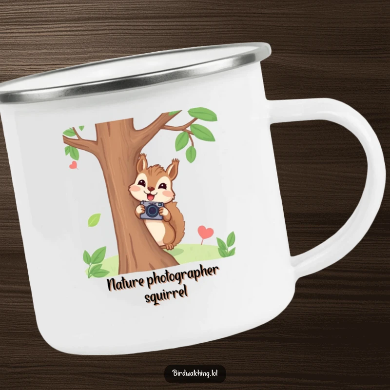 Funny squirrel photographer camping mug with a joyful squirrel peeking from behind a tree holding a tiny camera, durable and humorous gift.