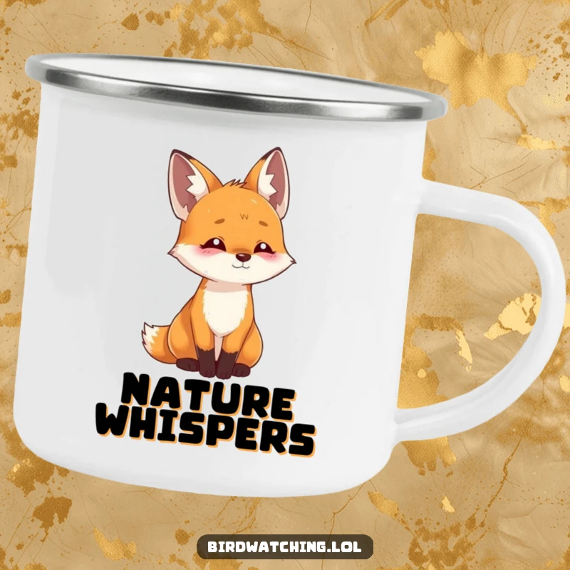 Funny playful fox camping mug with a curious fox tilting its head, listening intently, designed for outdoor adventures.