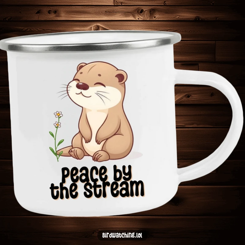 Funny otter camping mug, content otter sitting peacefully, observing outdoors, durable and serene, great gift.