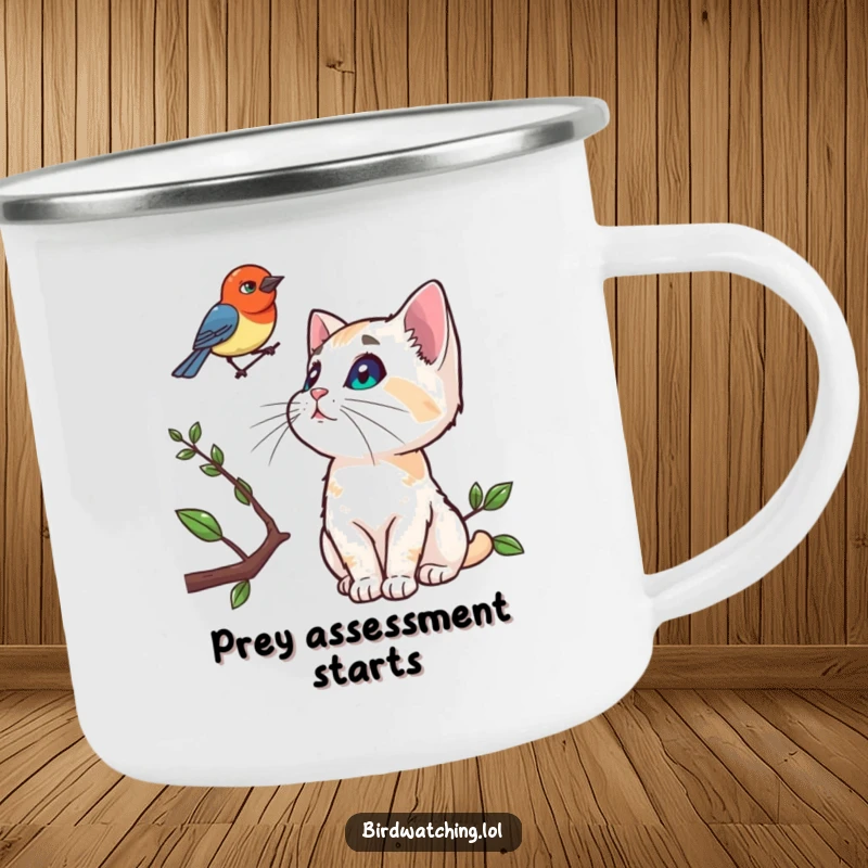 Funny enamel camping mug with a curious cat watching a bird on a branch, perfect for outdoor enthusiasts.
