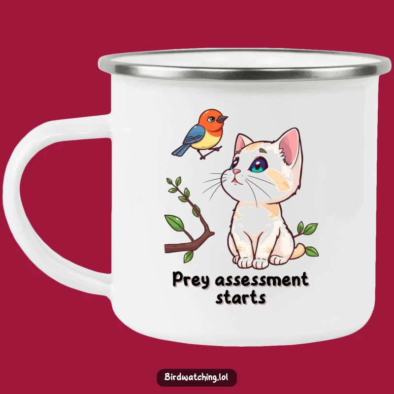 Funny Curious Cat Camping Mug, Hilarious Bird Watching Enamel Cup, Outdoor Pet Gift