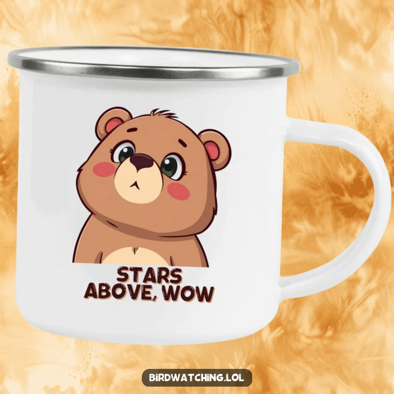 Funny camping mug with a determined bear looking up in wonder, mouth agape, durable and humorous for outdoor adventures, perfect gift.
