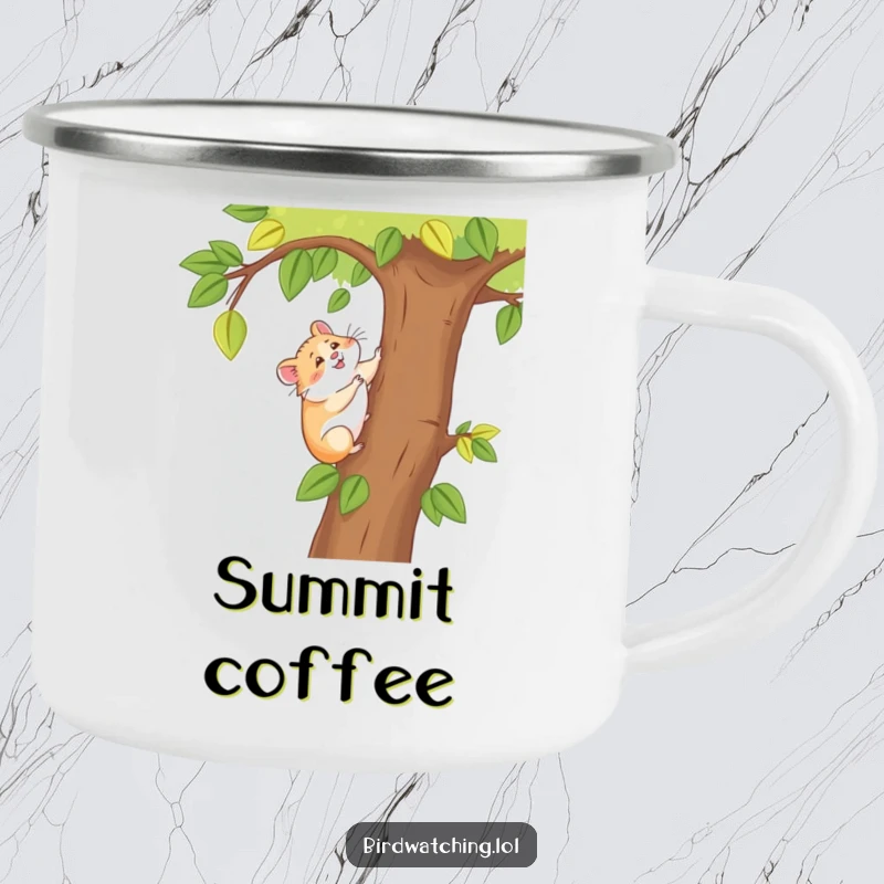Funny happy hamster camping mug, enamel cup showing a hamster happily climbing a tree, durable for outdoor use.