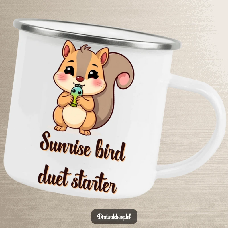 Funny Squirrel Camping Mug: Cheerful squirrel holding a tiny bird whistle, perfect for outdoor drinks. Hilarious.