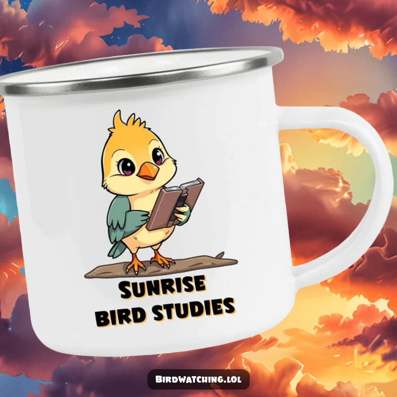 Funny, focused bird watcher sketching in the wild, durable and humorous enamel camping mug.