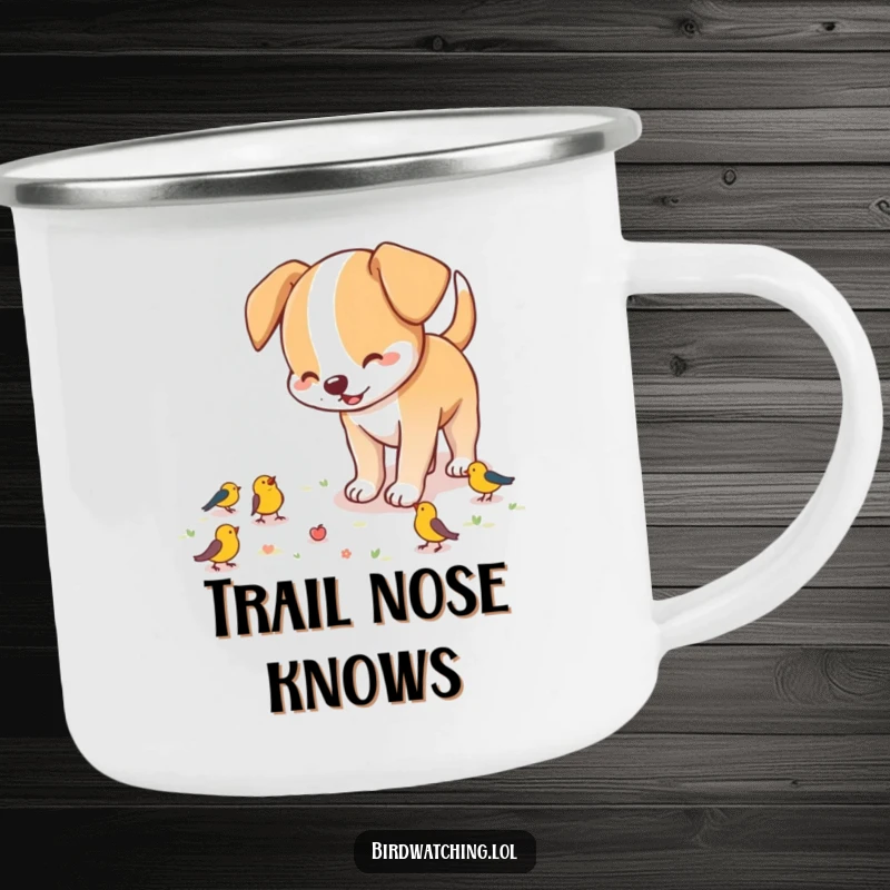 Funny dog camping mug, a playful dog sniffing the ground excitedly, ready for outdoor fun and warm beverages.