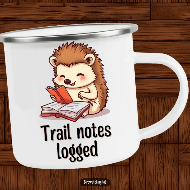 Funny camping mug with a happy hedgehog journaling, designed for outdoor use and adding a touch of meticulous humor, a fantastic gift.