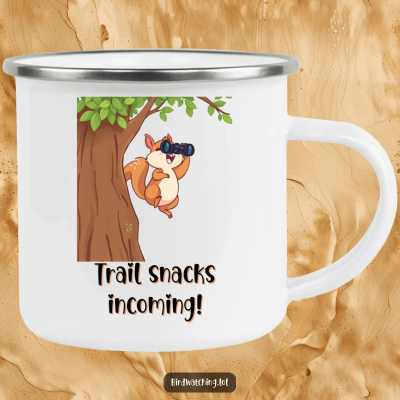 Funny Leaping Squirrel Camping Mug: A durable and humorous mug with a leaping squirrel holding binoculars, perfect for outdoor enthusiasts.