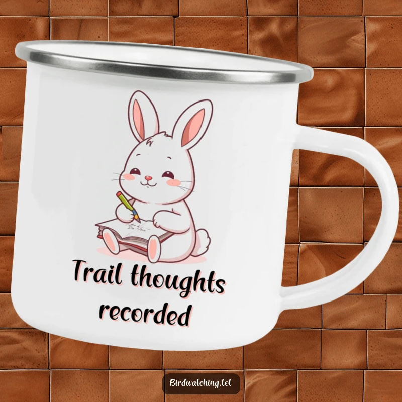 Funny enamel camping mug with a cheerful rabbit writing in a journal, ideal for outdoor writers and creatives.