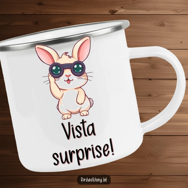 Funny surprised rabbit camping mug with a curious bunny holding binoculars, looking surprised, designed for outdoor adventures.