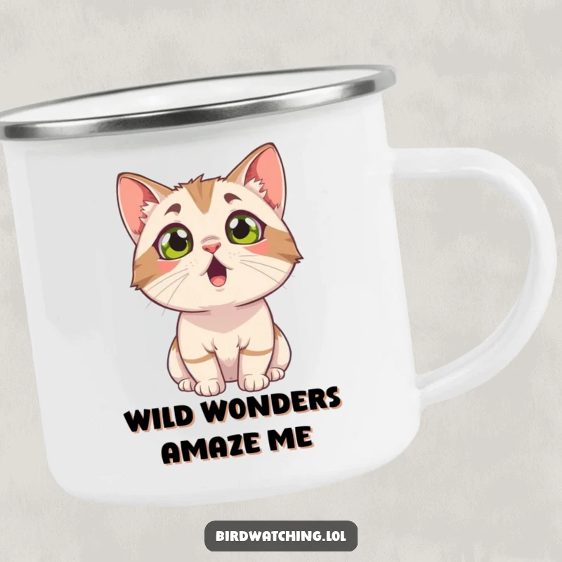 Funny surprised cat camping mug, wide-eyed and looking up, reacting to the great outdoors. Fun and durable.
