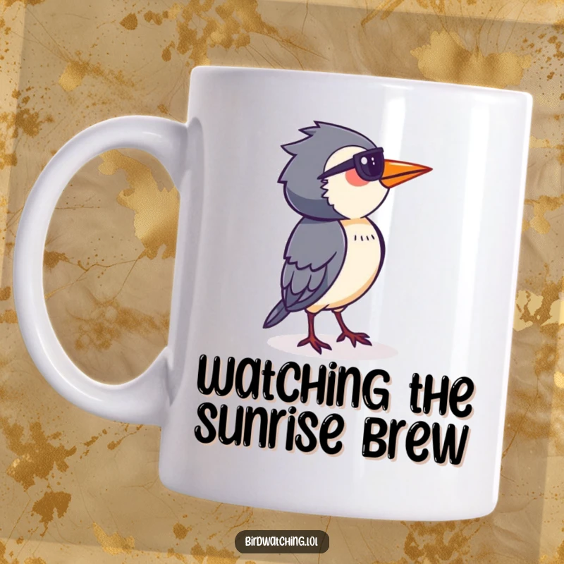 Funny Bird Watcher Mug: Determined person surveying horizon intently, perfect gift for bird enthusiasts and keen observers.