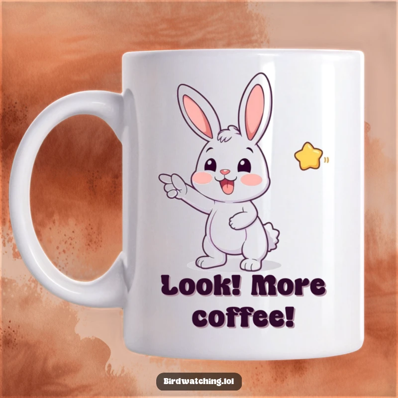 Funny mug featuring a cheerful bunny pointing excitedly at something unseen, radiating joy and curiosity, a whimsical animal design for gifting.