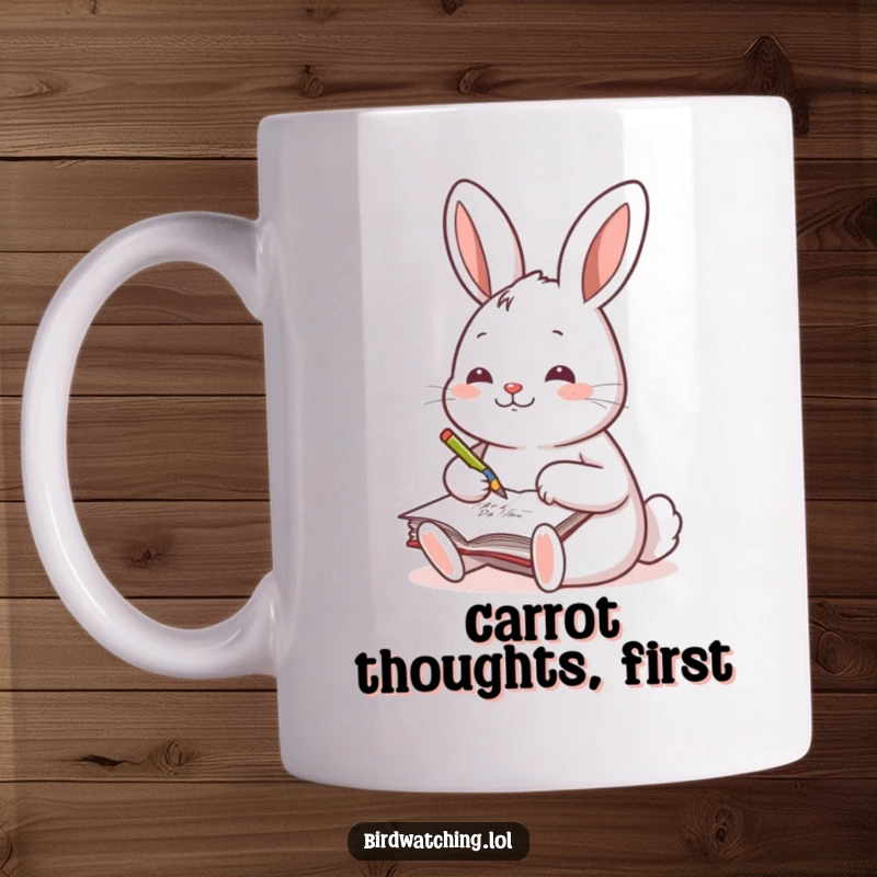 Funny mug with a cheerful rabbit writing notes in a small journal, celebrating creativity and writing.