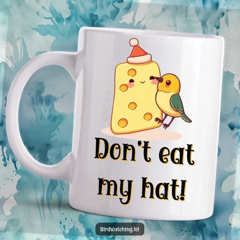 Funny mug showing a slice of cheese wearing a small hat about to be pecked by a curious bird, a humorous food and animal interaction.