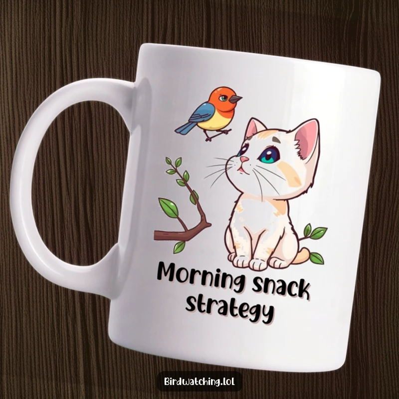 Funny mug showing a curious cat intently watching a bird perched on a tree branch, capturing a classic feline moment.