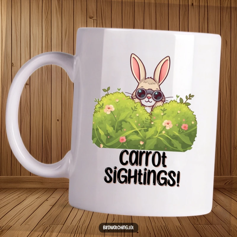 Funny Curious Rabbit Mug: A cute rabbit peeks with binoculars from behind a bush, embodying curiosity and observation.