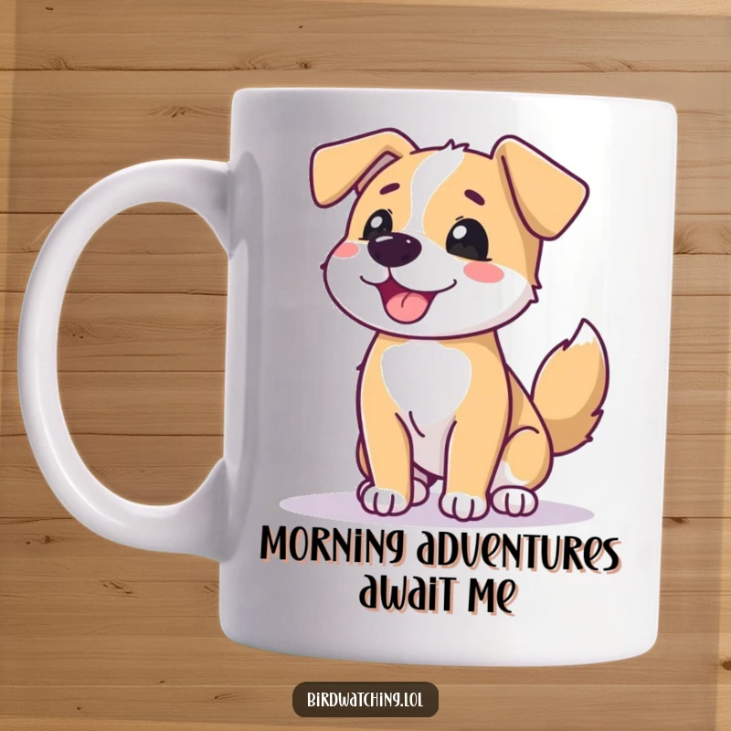 Funny beaming dog mug, wagging tail, scanning horizon, happy and optimistic, perfect gift for dog lovers.