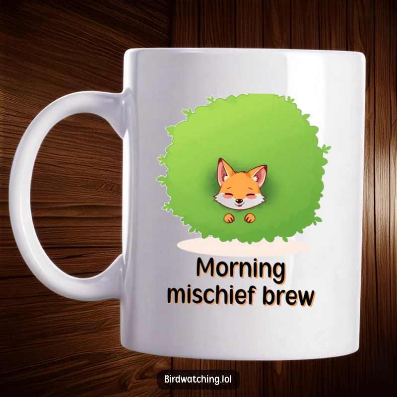 Funny mug featuring a sly, giggling fox peeking playfully from behind a lush green bush.
