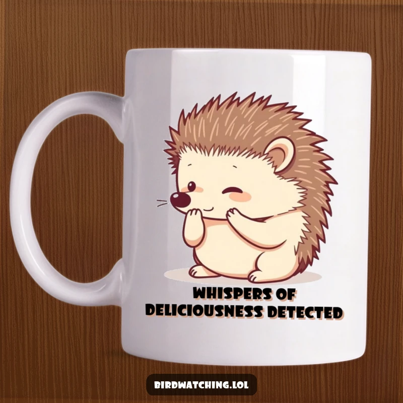 Funny hedgehog mug with cupped paws to ear, intently listening to secrets, perfect for gift-giving.
