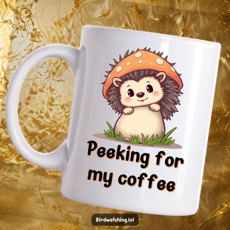 Funny Mug showing a curious hedgehog peeking out from behind a large, colorful mushroom, embodying playful discovery.