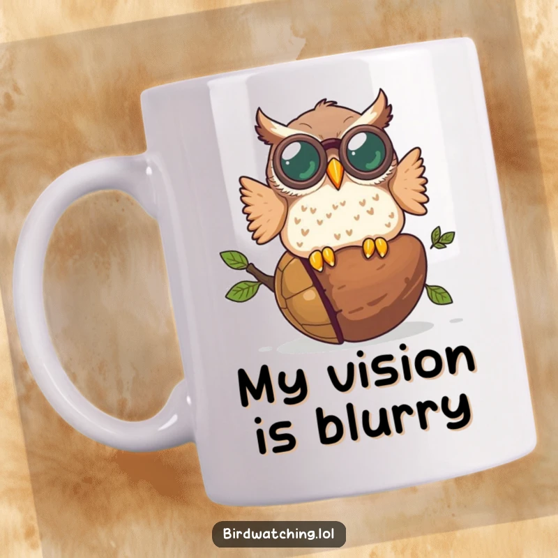 Funny ceramic mug featuring a plump owl in oversized binoculars crashing into a giant acorn, expressing comical surprise and clumsiness.