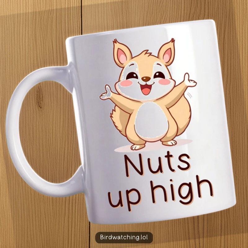 Funny squirrel mug, cheerfully gesturing wildly towards the sky with excitement, embodying pure joy and wonder.