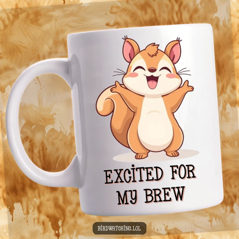 Funny Squirrel Sky-Gazer Mug: Cheerful squirrel gesturing wildly to the sky, expressing pure joy and excitement.