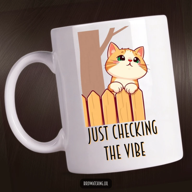 Funny mug showing a surprised cat comically stretching its long neck far over a fence, full of curiosity and mischief.
