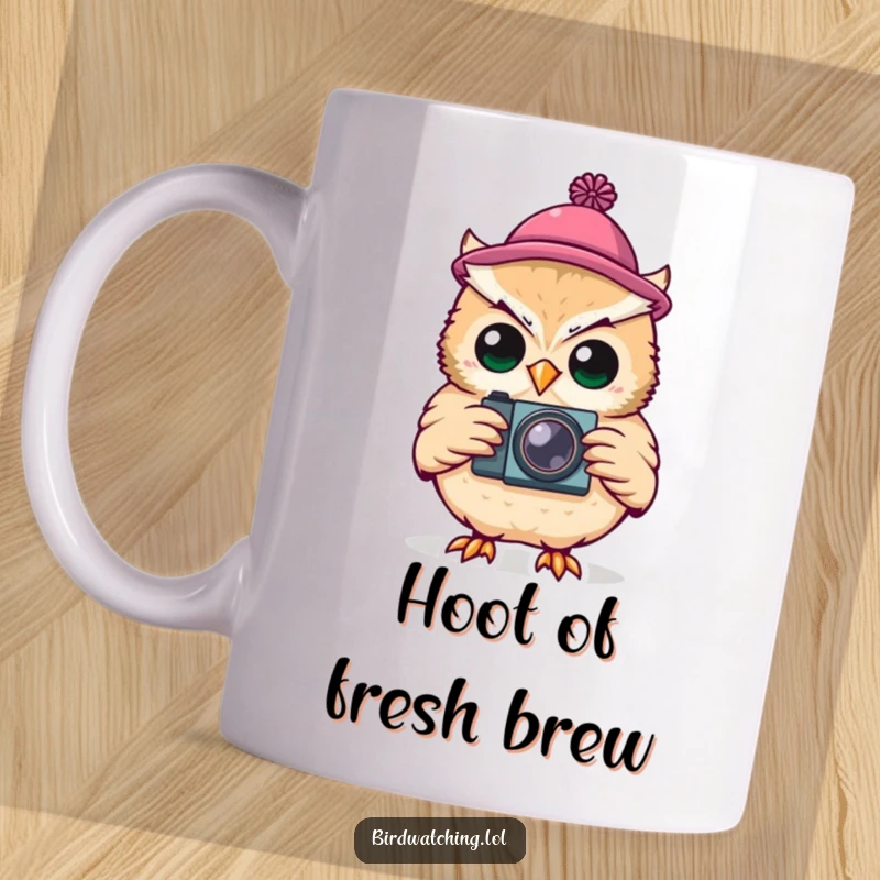 Funny Mug: A silly owl wearing a tiny hat, holding a camera, looking ready to capture memories.