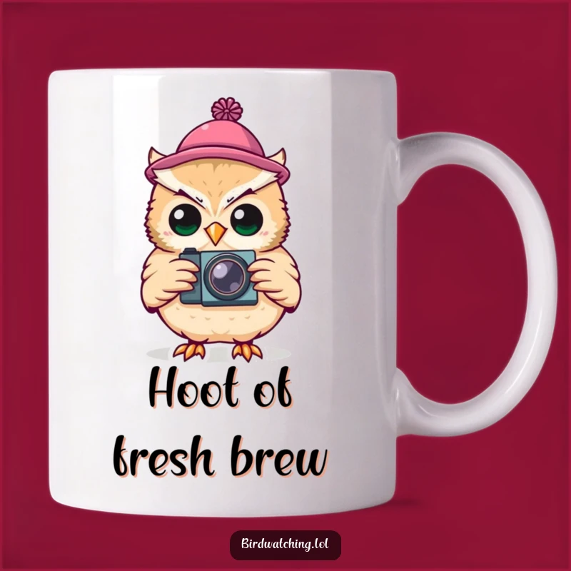 Funny Silly Owl Photographer Mug: Tiny Hat, Camera Ready, Quirky Gift