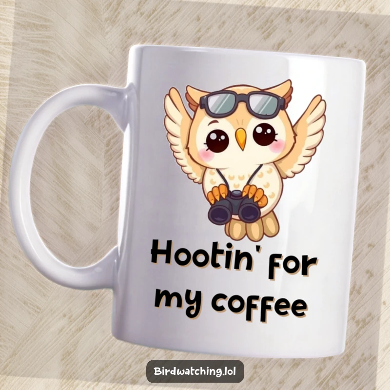Funny Owl Birdwatcher Mug: Joyful owl flying with binoculars, keen observer, perfect gift for bird lovers.