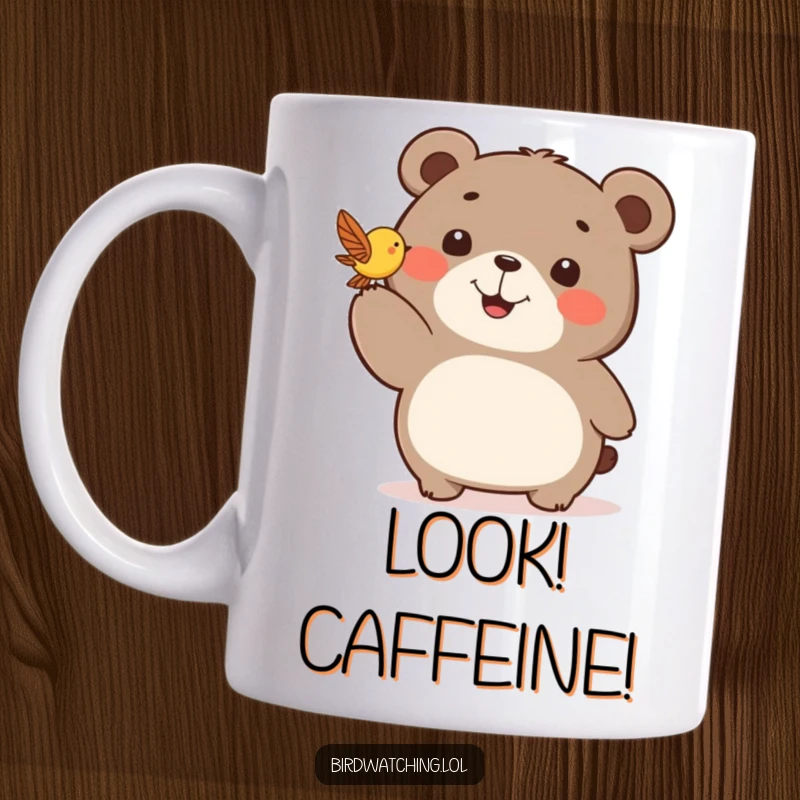 Funny mug featuring a happy bear pointing excitedly with a big smile at a small, fluttering bird above.