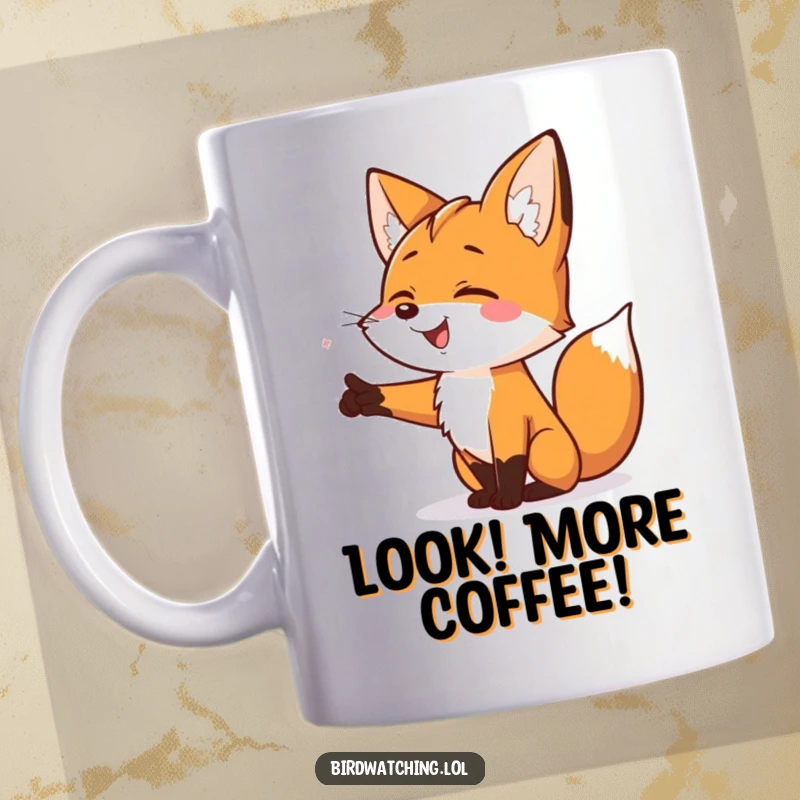 Funny Smiling Fox Mug: A smiling fox excitedly points towards something unseen, conveying excitement and anticipation.